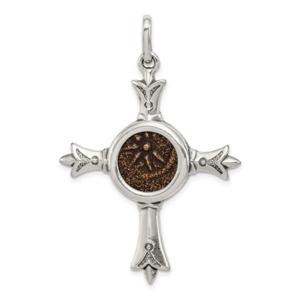 Ancient Coins Sterling Silver and Bronze Widow's Mite Coin Cross Pendant